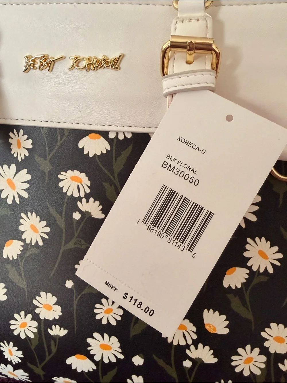 Betsey Johnson Black Tote with Cream Trim & White Daisy Print - Picture 4 of 11